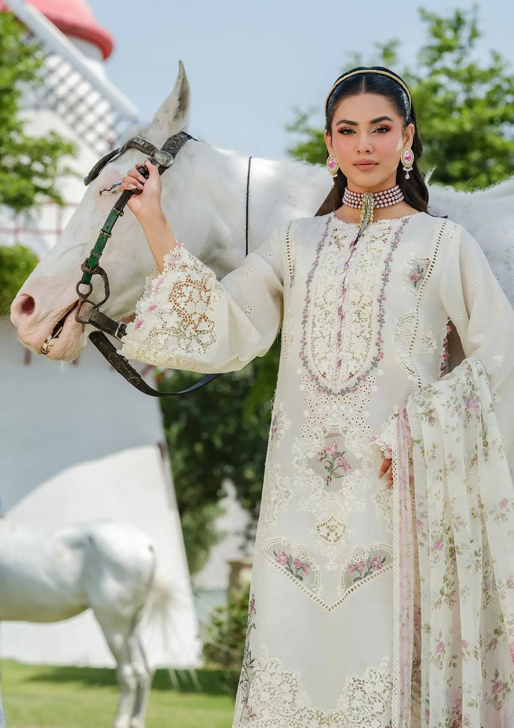 Elaf Premium | Luxury Lawn 25 | ELH-7A WHITE EMPRESS - by - Libasekhas UK - Registered Vendor of : Elaf Premium - 100% Original Designer Dresss