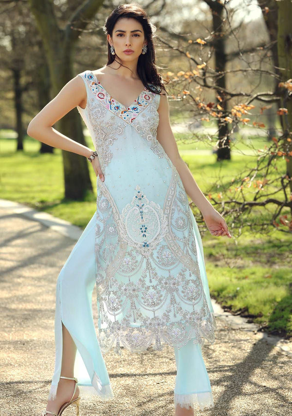 Layla Chatoor | Luxury Pret | Ice Blue Long Top - by Libasekhas UK - Registered Vendor of : Layla Chatoor - 100% Original Designer Dress