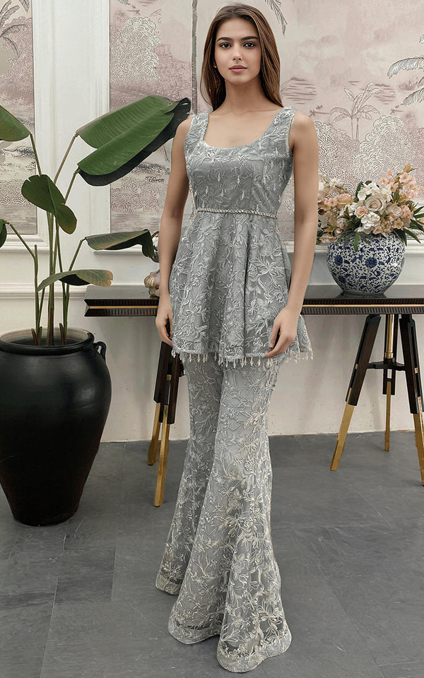 Threads and Motifs | Formal Dresses 25 | Net Embroidered Peplum - by Libasekhas UK - Registered Vendor of : Threads and Motifs - 100% Original Designer Dress