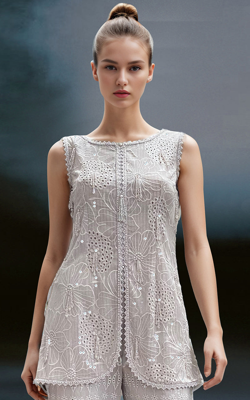 Threads and Motifs | Formal Dresses 25 | Chiffon Chikankari Embroidered Top with Trouser - by Libasekhas UK - Registered Vendor of : Threads and Motifs - 100% Original Designer Dress