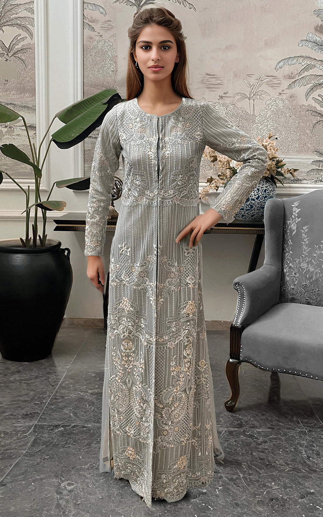 Threads and Motifs | Formal Dresses 25 | Net Embroidered Jacket - by Libasekhas UK - Registered Vendor of : Threads and Motifs - 100% Original Designer Dress