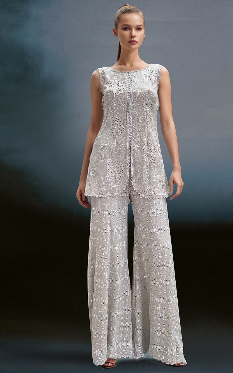 Threads and Motifs | Formal Dresses 25 | Chiffon Chikankari Embroidered Top with Trouser - by Libasekhas UK - Registered Vendor of : Threads and Motifs - 100% Original Designer Dress