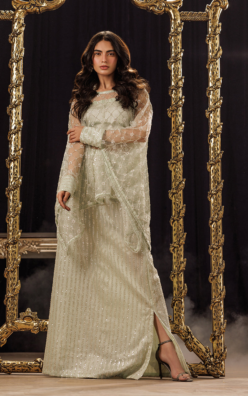 Threads and Motifs | Formal Dresses 25 | Net Embroidered Cape With Tube And Skirt - by Libasekhas UK - Registered Vendor of : Threads and Motifs - 100% Original Designer Dress