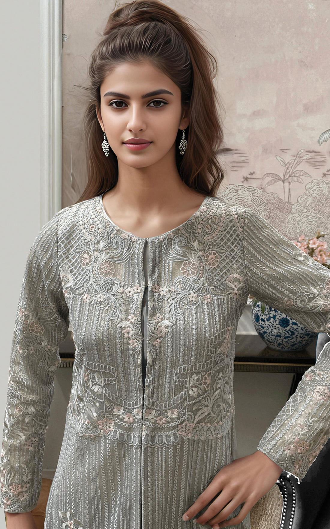 Threads and Motifs | Formal Dresses 25 | Net Embroidered Jacket - by Libasekhas UK - Registered Vendor of : Threads and Motifs - 100% Original Designer Dress