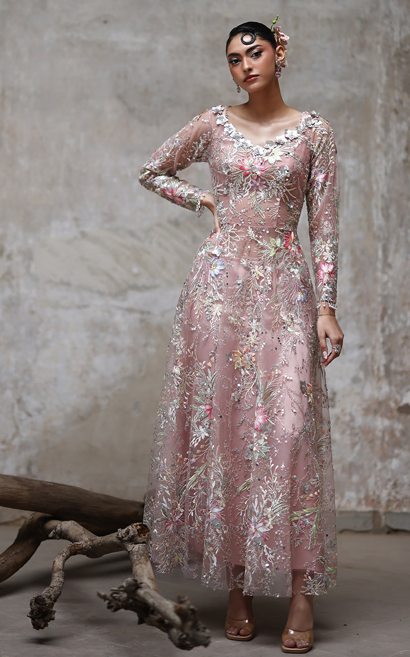 Threads and Motifs | Formal Dresses 25 | Net Embroidered Dress - by Libasekhas UK - Registered Vendor of : Threads and Motifs - 100% Original Designer Dress