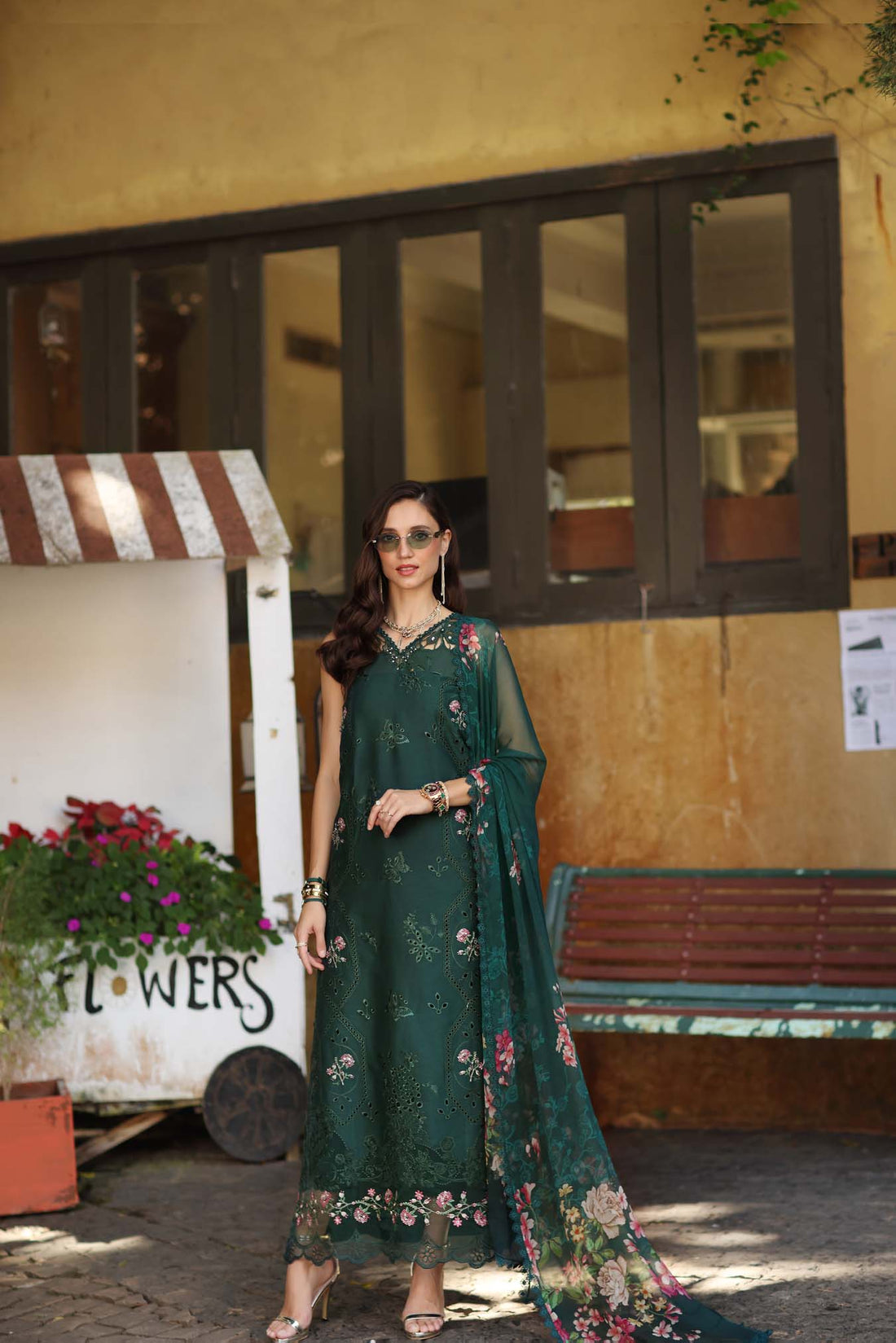 Noor by Saadia Asad | Luxury Eid Schiffli Laserkari 26 | D11 - Emerald Jewel - by Libasekhas UK - Registered Vendor of : Noor by Saadia Asad - 100% Original Designer Dress