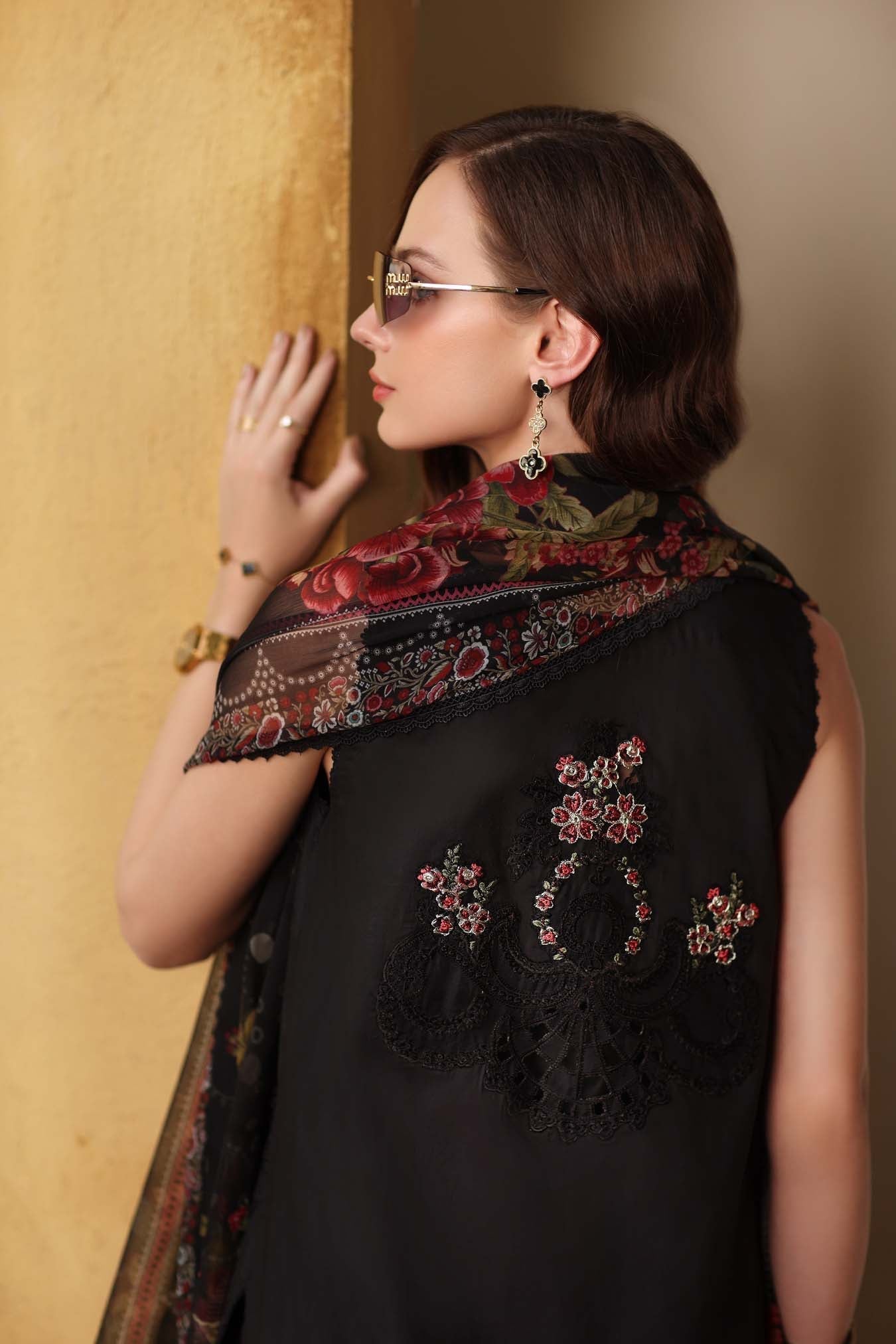 Noor by Saadia Asad | Luxury Eid Schiffli Laserkari 26 | D5 - Raven Black - by Libasekhas UK - Registered Vendor of : Noor by Saadia Asad - 100% Original Designer Dress