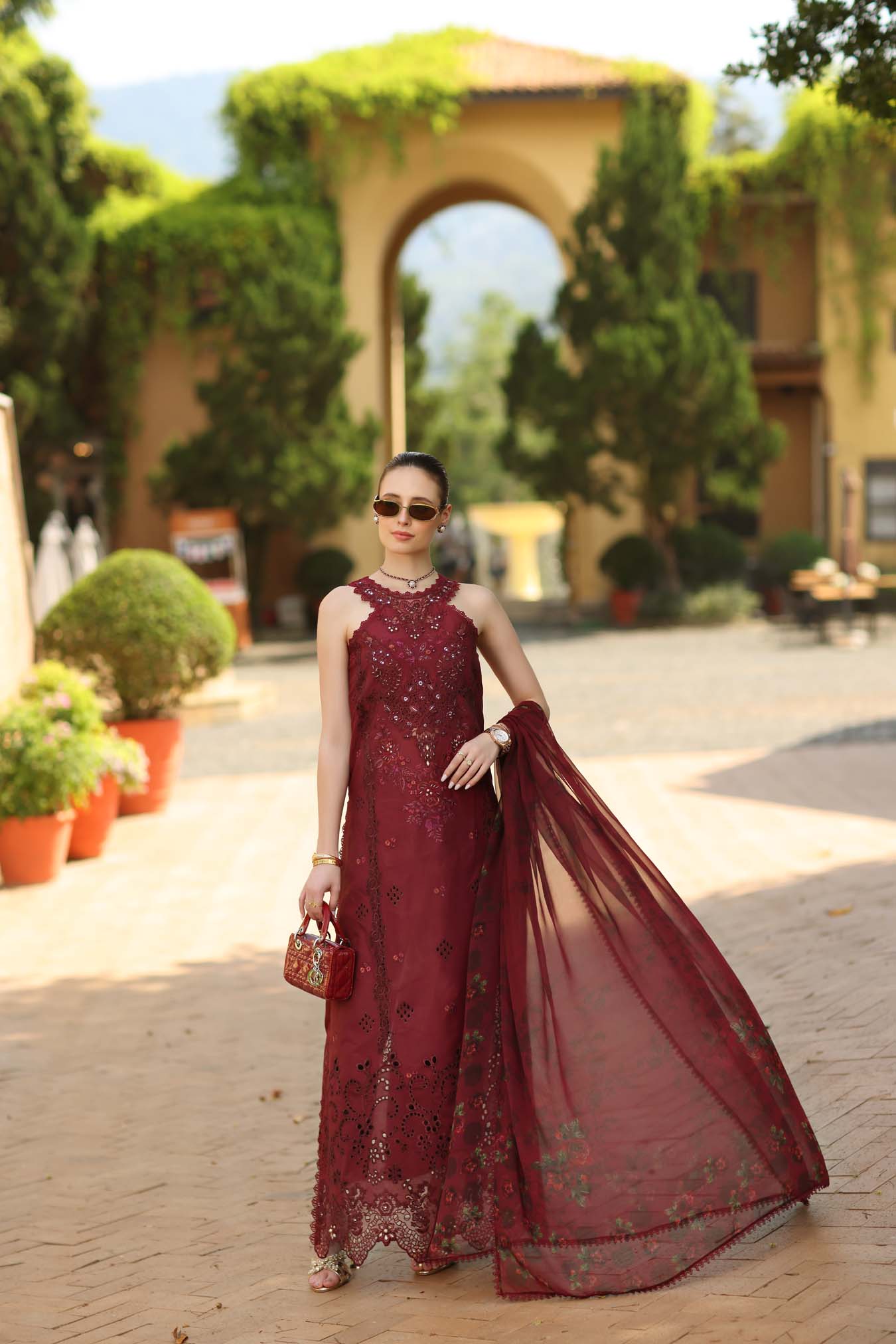 Noor by Saadia Asad | Luxury Eid Schiffli Laserkari 26 | D12 -Amalfi Rouge - by Libasekhas UK - Registered Vendor of : Noor by Saadia Asad - 100% Original Designer Dress