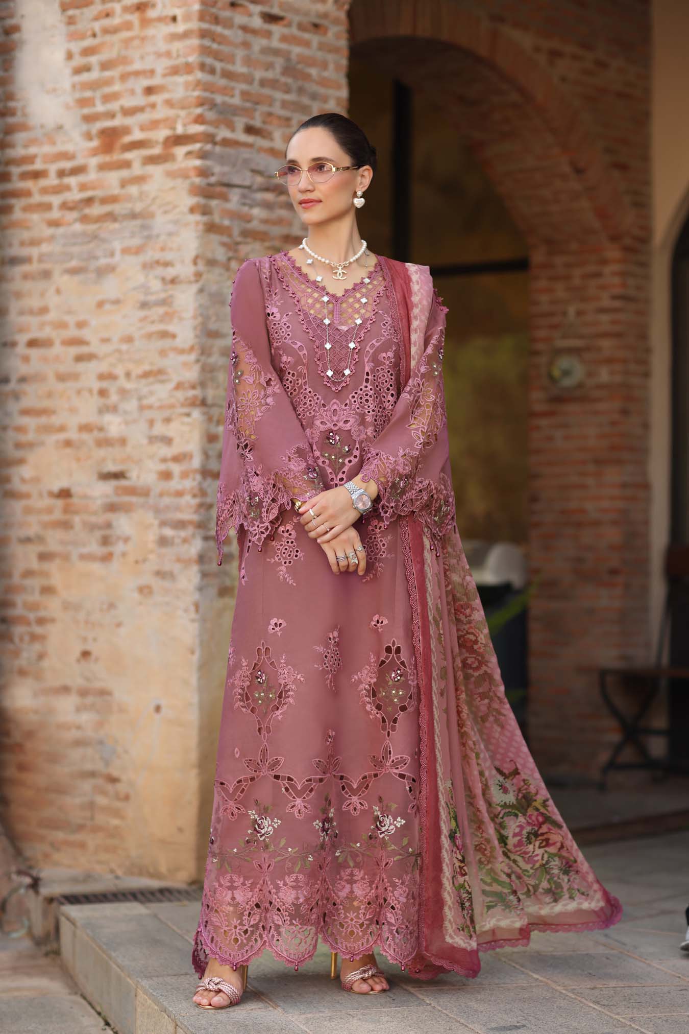Noor by Saadia Asad | Luxury Eid Schiffli Laserkari 26 | D1 -Rose Allure - by Libasekhas UK - Registered Vendor of : Noor by Saadia Asad - 100% Original Designer Dress
