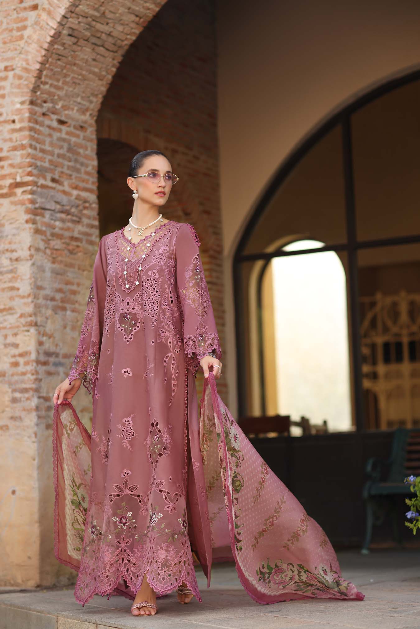 Noor by Saadia Asad | Luxury Eid Schiffli Laserkari 26 | D1 -Rose Allure - by Libasekhas UK - Registered Vendor of : Noor by Saadia Asad - 100% Original Designer Dress