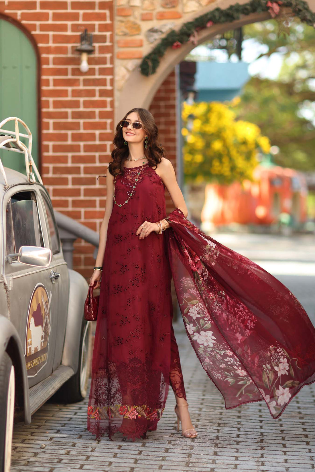 Noor by Saadia Asad | Luxe Chikankari 26 | D8 - A - Deep Garnet - by Libasekhas UK - Registered Vendor of : Noor by Saadia Asad - 100% Original Designer Dress