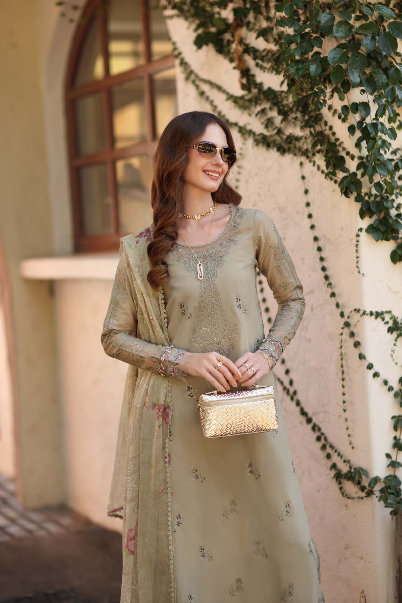 Noor by Saadia Asad | Luxe Chikankari 26 |D7 - B - Warm Gold Sage - by Libasekhas UK - Registered Vendor of : Noor by Saadia Asad - 100% Original Designer Dress