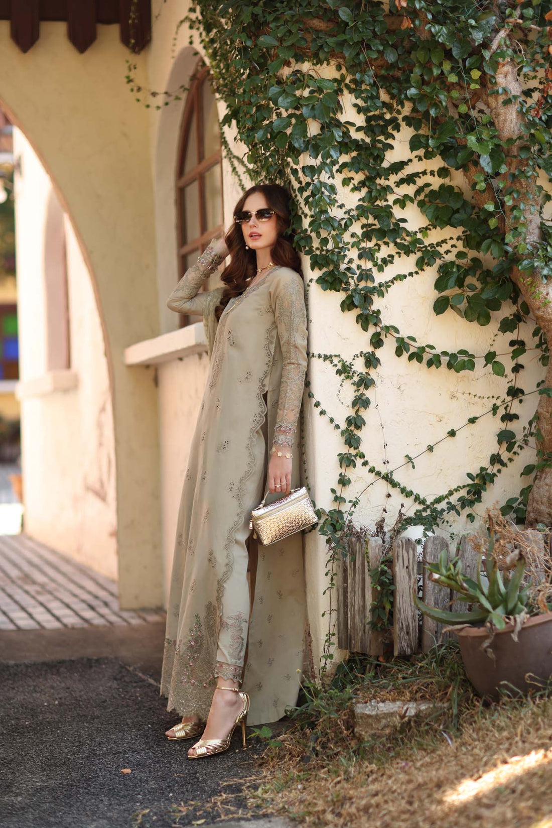 Noor by Saadia Asad | Luxe Chikankari 26 |D7 - B - Warm Gold Sage - by Libasekhas UK - Registered Vendor of : Noor by Saadia Asad - 100% Original Designer Dress