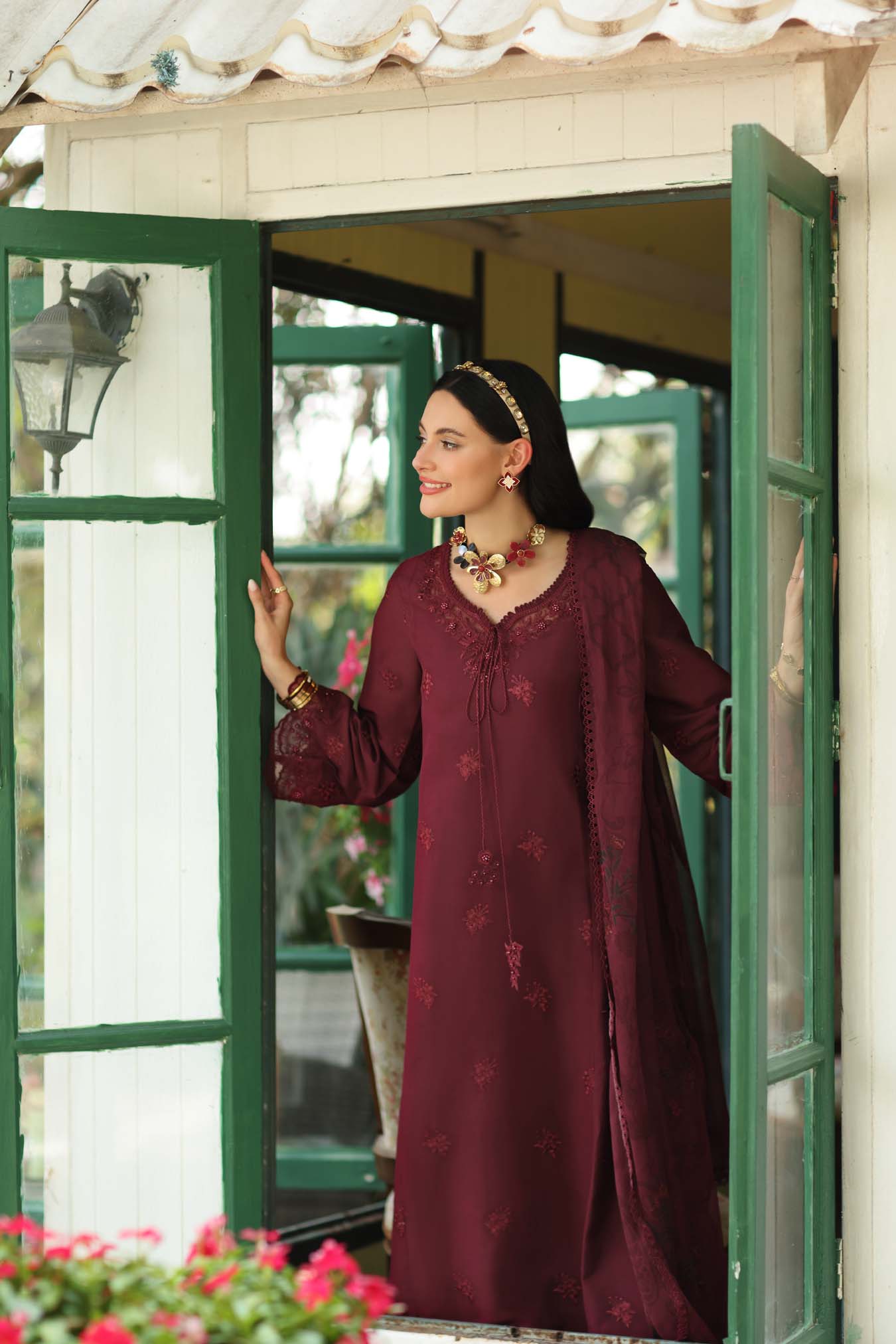 Noor by Saadia Asad | Noor Eid Printskhas 26 |D10  Burgundy - by Libasekhas - Registered Vendor of : Noor by Saadia Asad - 100% Original Designer Dress