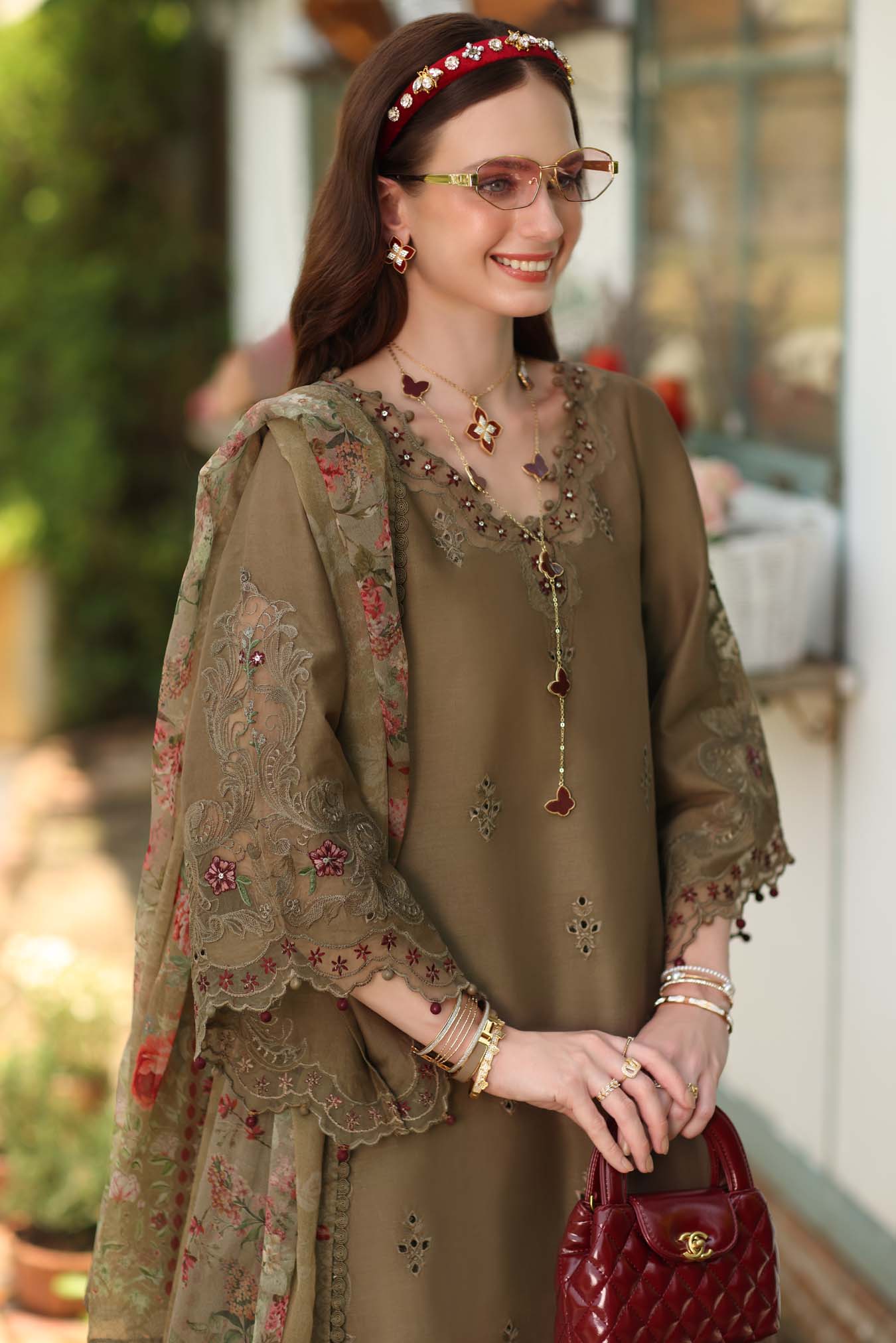Noor by Saadia Asad | Noor Eid Printskhas 26 |D8  Mocha Sienna - by Libasekhas - Registered Vendor of : Noor by Saadia Asad - 100% Original Designer Dress