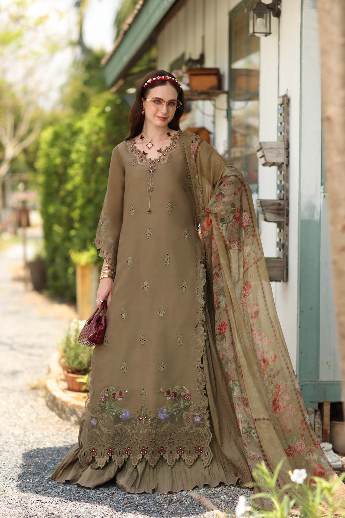 Noor by Saadia Asad | Noor Eid Printskhas 26 |D8  Mocha Sienna - by Libasekhas - Registered Vendor of : Noor by Saadia Asad - 100% Original Designer Dress