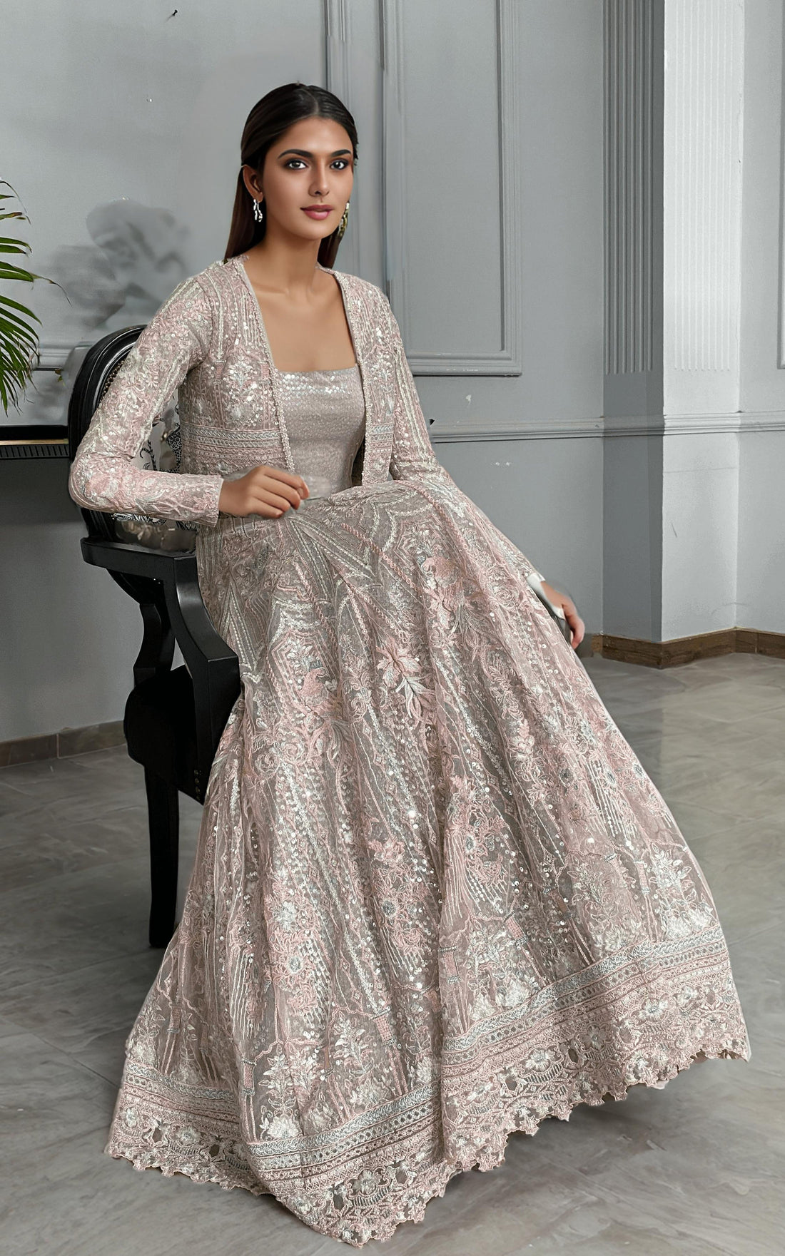 Threads and Motifs | Formal Dresses 25 | Net Embroidered Jacket With Lehenga - by Libasekhas UK - Registered Vendor of : Threads and Motifs - 100% Original Designer Dress
