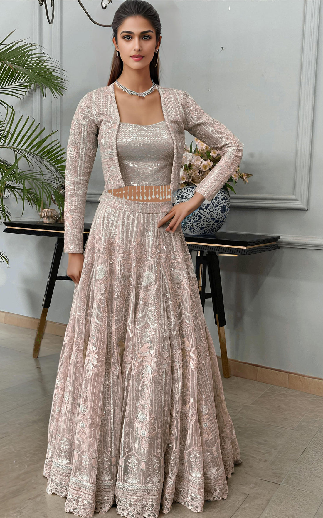 Threads and Motifs | Formal Dresses 25 | Net Embroidered Jacket With Lehenga - by Libasekhas UK - Registered Vendor of : Threads and Motifs - 100% Original Designer Dress