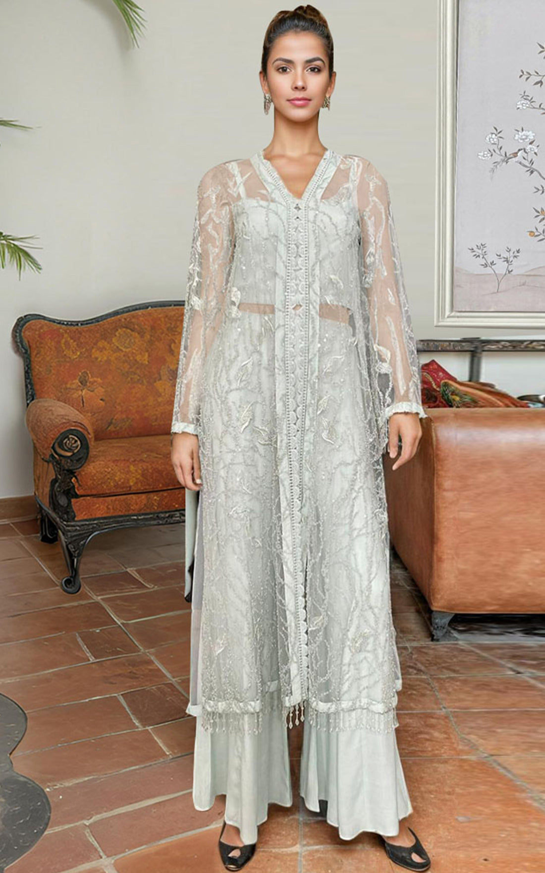 Threads and Motifs | Formal Dresses 25 | Net Embroidered Jacket With Trouser - by Libasekhas UK - Registered Vendor of : Threads and Motifs - 100% Original Designer Dress