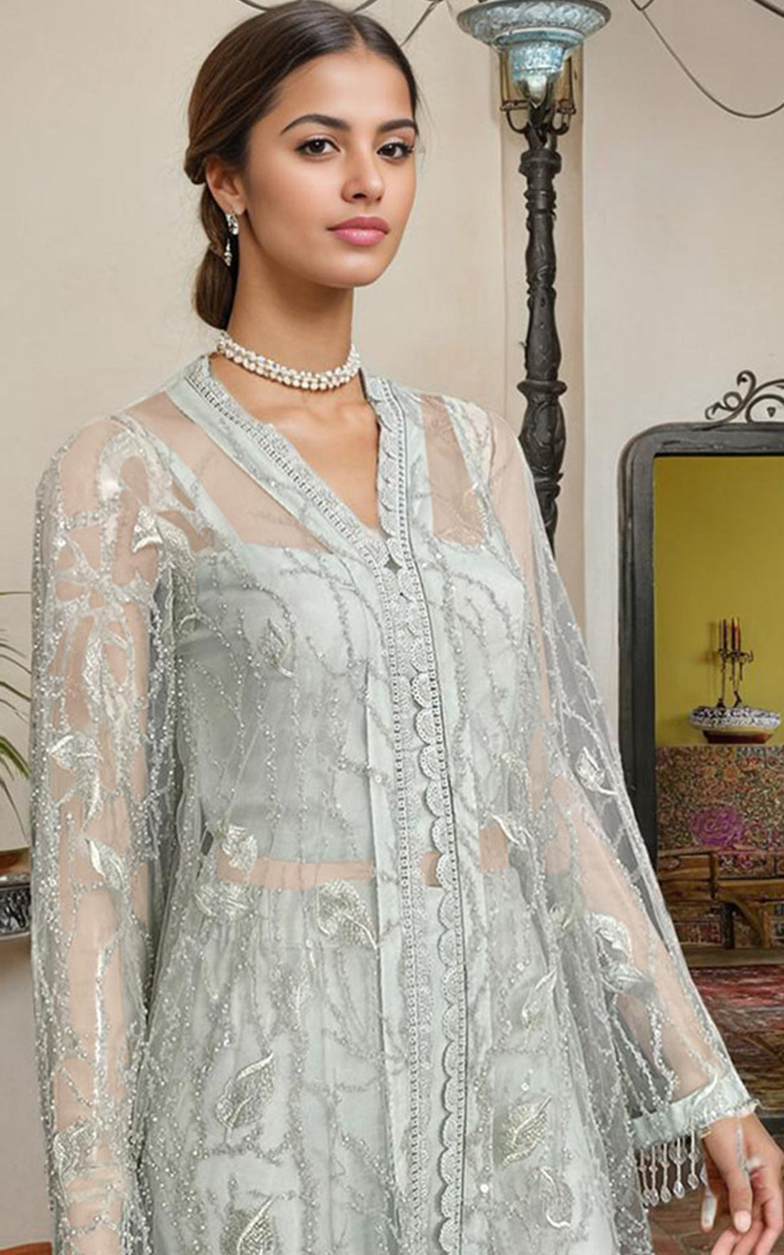 Threads and Motifs | Formal Dresses 25 | Net Embroidered Jacket With Trouser - by Libasekhas UK - Registered Vendor of : Threads and Motifs - 100% Original Designer Dress