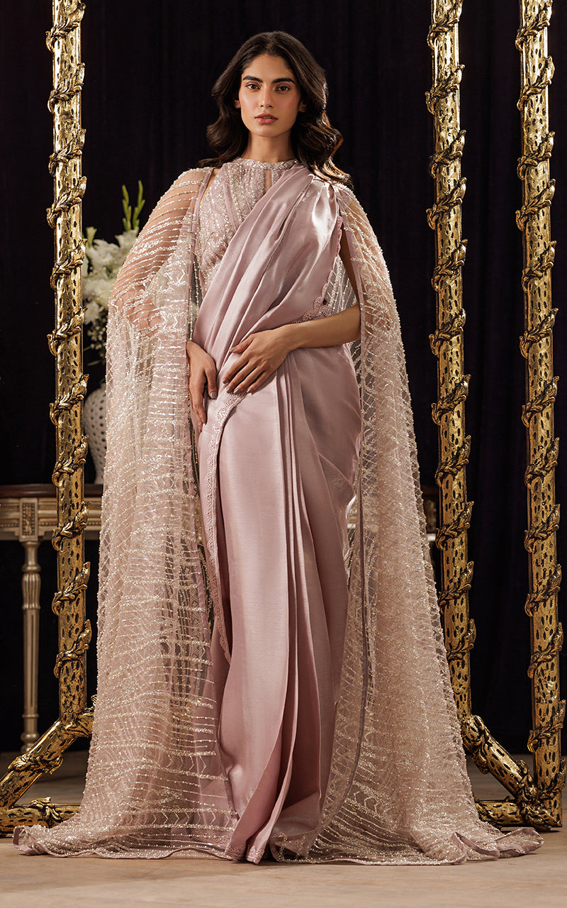 Threads and Motifs | Formal Dresses 25 | Net Embroidered Cape With Blouse And Skirt Saree - by Libasekhas UK - Registered Vendor of : Threads and Motifs - 100% Original Designer Dress