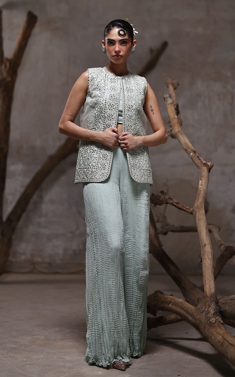 Threads and Motifs | Formal Dresses 25 | Organza Embroidered Jacket With Crushed Trouser - by Libasekhas UK - Registered Vendor of : Threads and Motifs - 100% Original Designer Dress