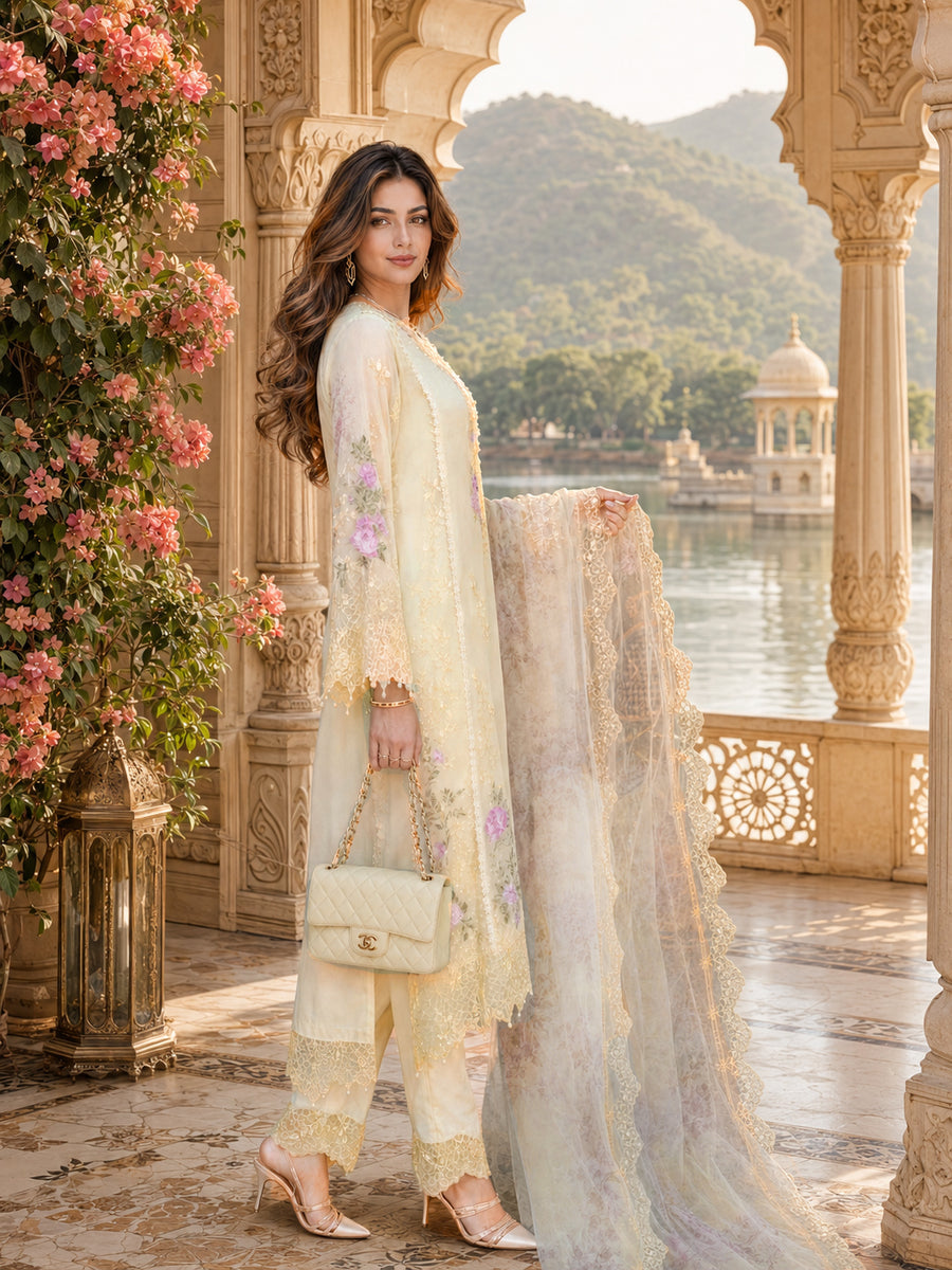 Saadia Asad | Nooriyah Luxury Chiffon | D5 - Pale Yellow - by Libasekhas UK - Registered Vendor of : Saadia Asad - 100% Original Designer Dress