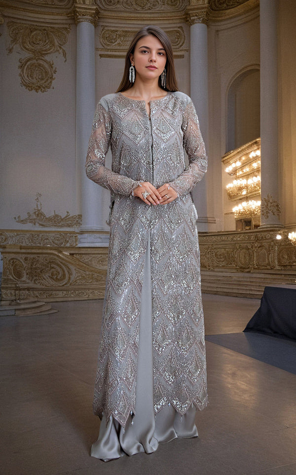 Threads and Motifs | Formal Dresses 25 | Net Embroidered Jacket with Skirt - by Libasekhas UK - Registered Vendor of : Threads and Motifs - 100% Original Designer Dress