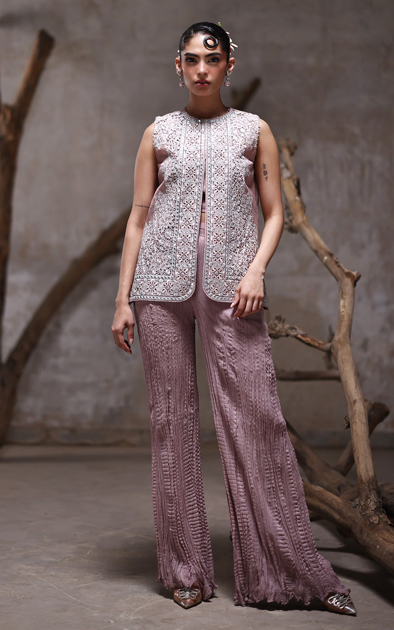 Threads and Motifs | Formal Dresses 25 | Organza Embroidered Jacket With Crushed Trouser - by Libasekhas UK - Registered Vendor of : Threads and Motifs - 100% Original Designer Dress