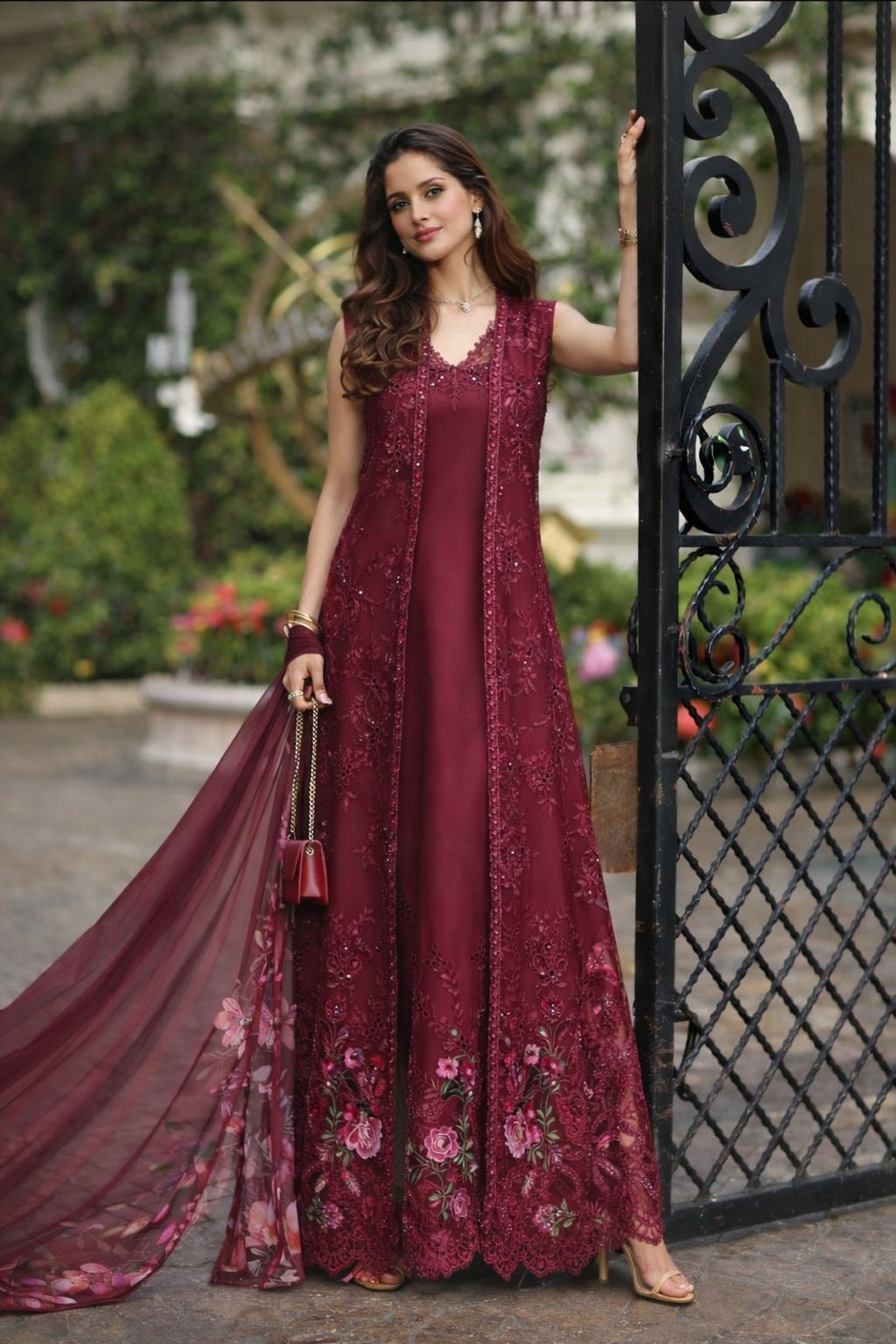 Noor by Saadia Asad | Eid Luxe Chikankari 26 | D3 -Bordeaux - by Libasekhas UK - Registered Vendor of : Noor by Saadia Asad - 100% Original Designer Dress
