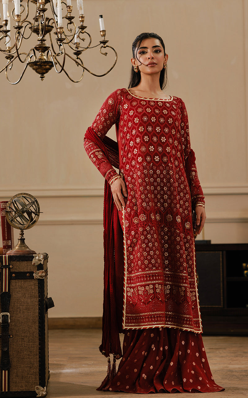 Threads and Motifs | Formal Dresses 25 | Embroidered Shirt With Gharara And Dupatta - by Libasekhas UK - Registered Vendor of : Threads and Motifs - 100% Original Designer Dress