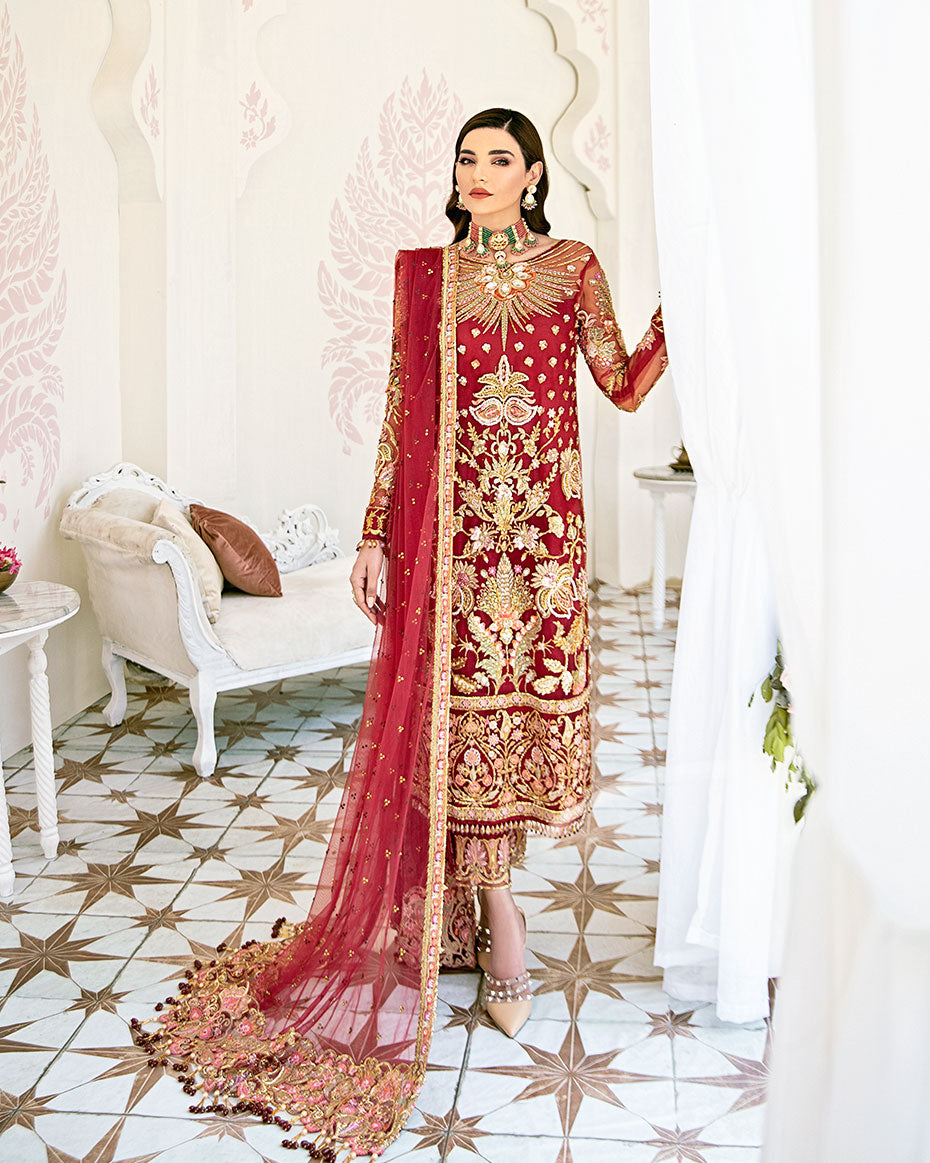 Gulaal | Wedding Formals | Rouge Embroidered Net 3-Piece Suit WS-06 - by - Libasekhas UK - Registered Vendor of : Gulaal - 100% Original Designer Dresss