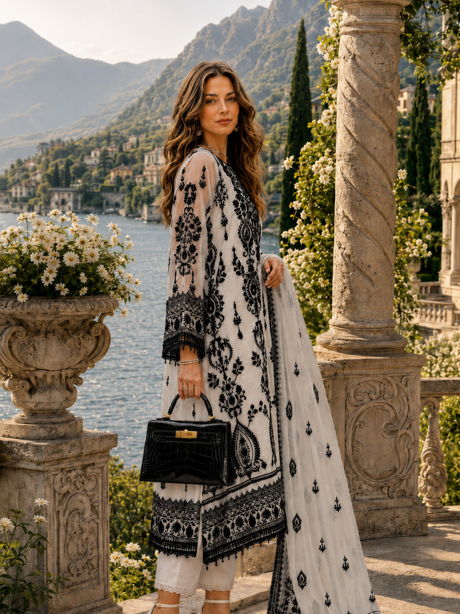 Saadia Asad | Nooriyah Luxury Chiffon | D4 - Monochrome Muse - by Libasekhas UK - Registered Vendor of : Saadia Asad - 100% Original Designer Dress