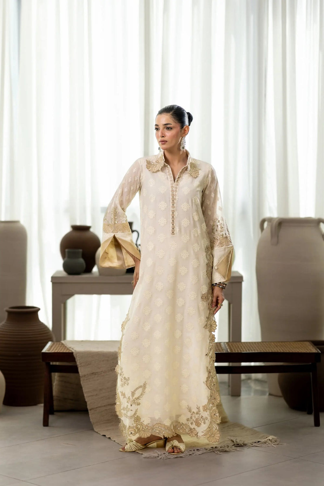 Wahaj M Khan | Sanam Luxe | Ivory Sanam Kaftan - by Libasekhas UK - Registered Vendor of : Wahaj M Khan - 100% Original Designer Dress