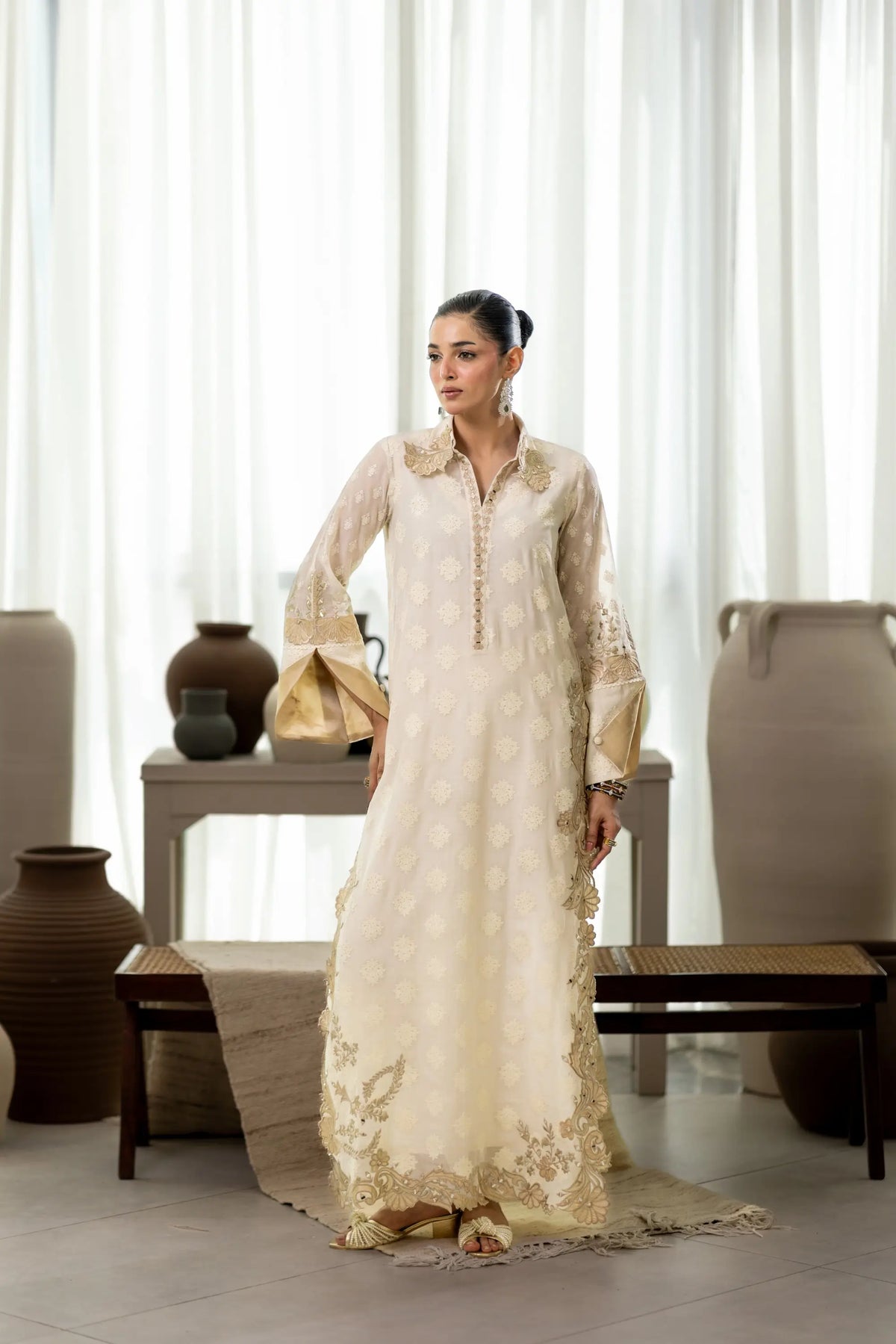 Wahaj M Khan | Sanam Luxe | Ivory Sanam Kaftan - by Libasekhas UK - Registered Vendor of : Wahaj M Khan - 100% Original Designer Dress
