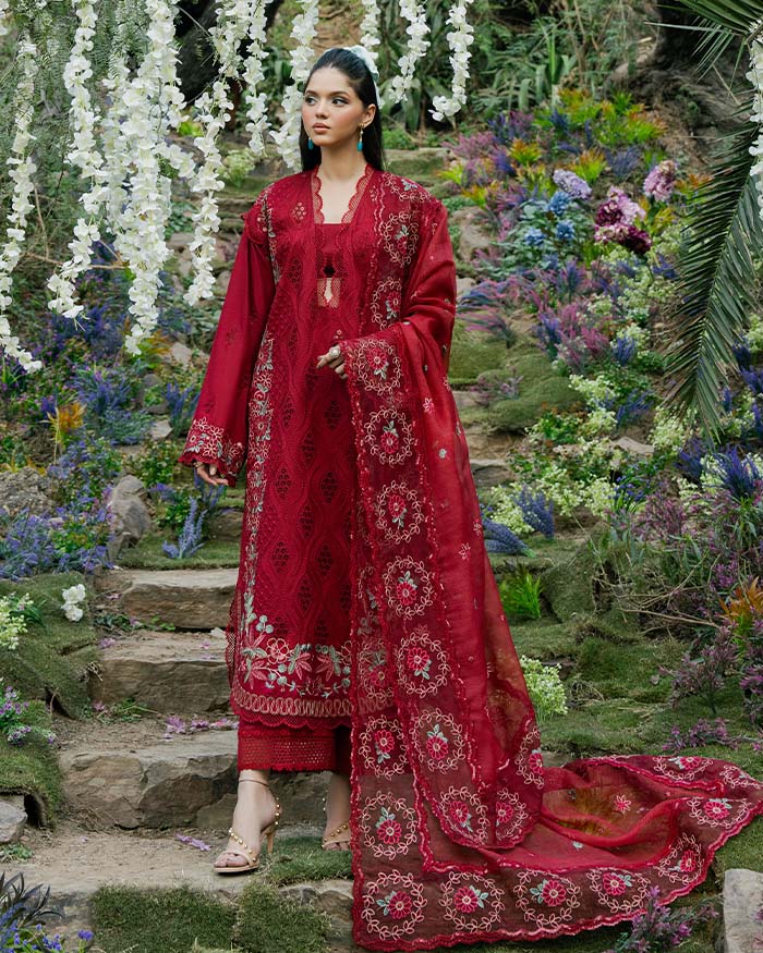 Zevk | Flora Festive Lawn | RED ROSE - by - Libasekhas UK - Registered Vendor of : Zevk - 100% Original Designer Dresss