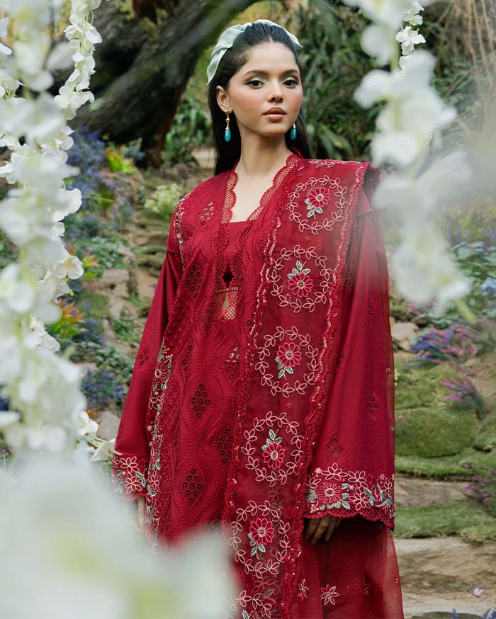 Zevk | Flora Festive Lawn | RED ROSE - by - Libasekhas UK - Registered Vendor of : Zevk - 100% Original Designer Dresss