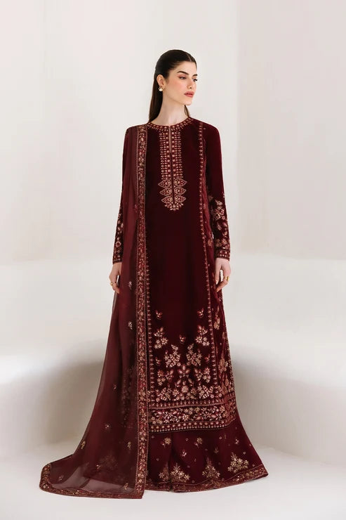 Emaan Adeel  | Velvet Affair | Maroon Trouser & Long Shirt -CORINNE