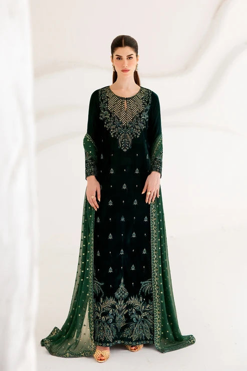Emaan Adeel  | Velvet Affair | Green Long Shirt & Trouser -AMEROTTE