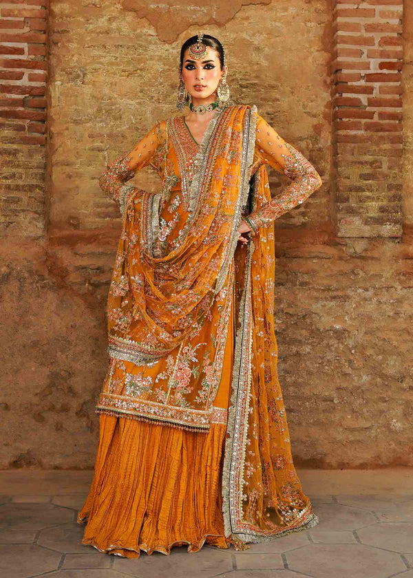 Hussain Rehar | Zaib un Nisa 23 | Saffron - by - Libasekhas UK - Registered Vendor of : Hussain Rehar - 100% Original Designer Dresss
