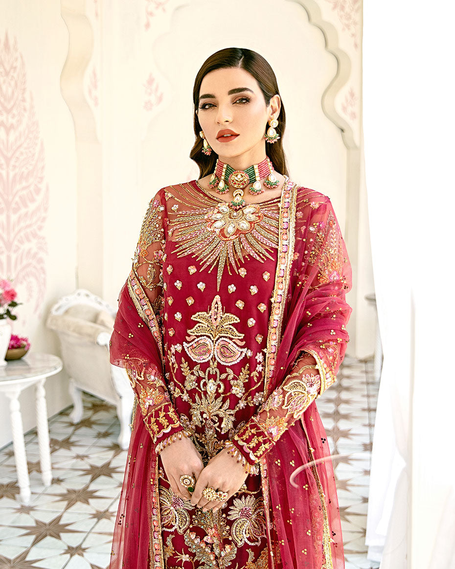 Gulaal | Wedding Formals | Rouge Embroidered Net 3-Piece Suit WS-06 - by - Libasekhas UK - Registered Vendor of : Gulaal - 100% Original Designer Dresss