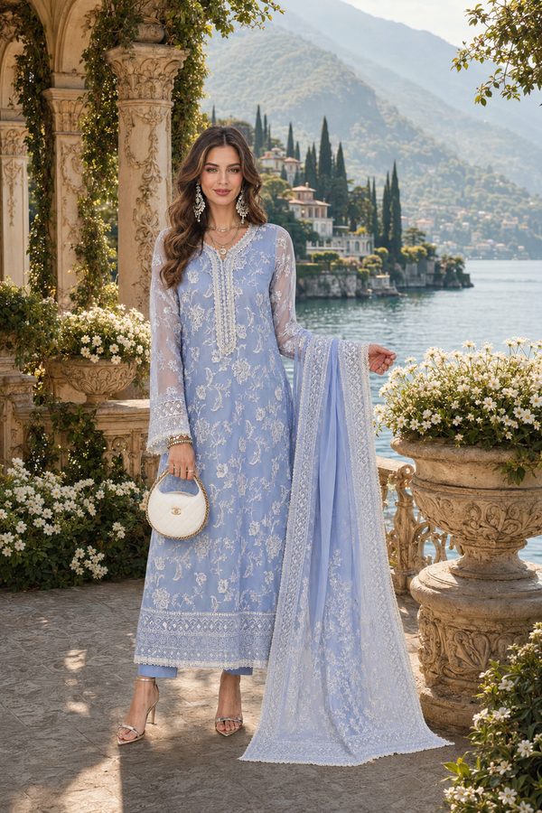 Saadia Asad | Nooriyah Luxury Chiffon | D3 - Dove Blue - by Libasekhas UK - Registered Vendor of : Saadia Asad - 100% Original Designer Dress