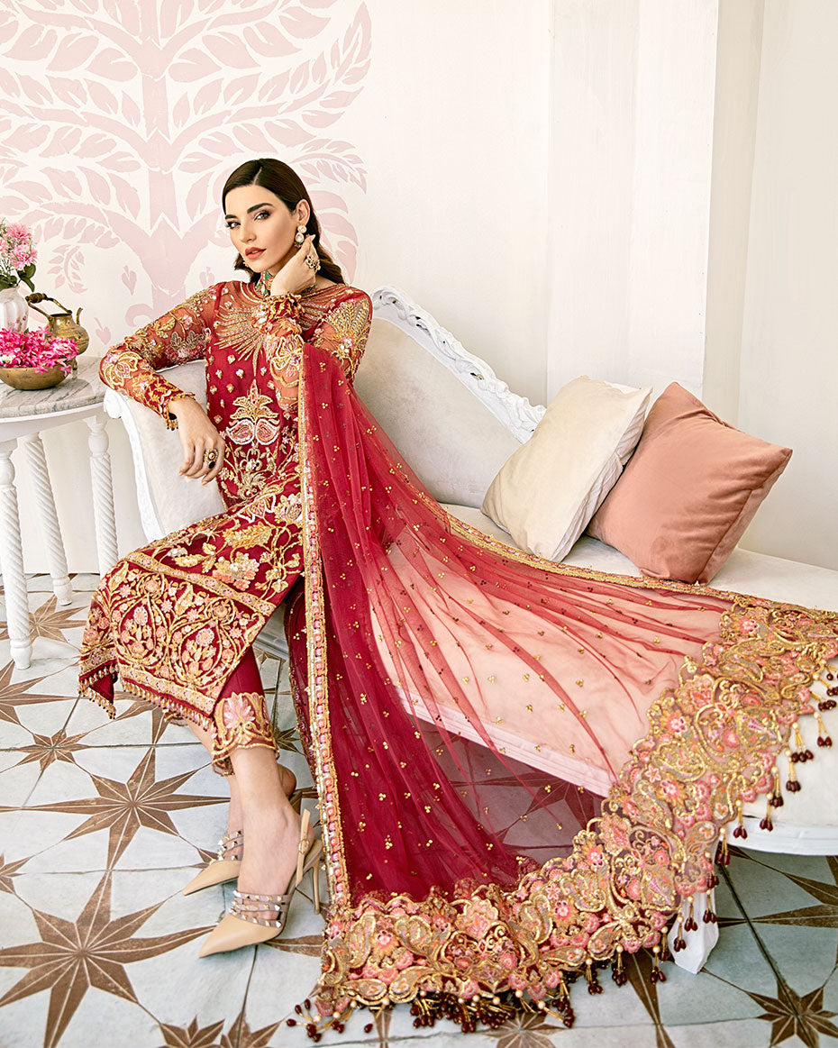 Gulaal | Wedding Formals | Rouge Embroidered Net 3-Piece Suit WS-06 - by - Libasekhas UK - Registered Vendor of : Gulaal - 100% Original Designer Dresss