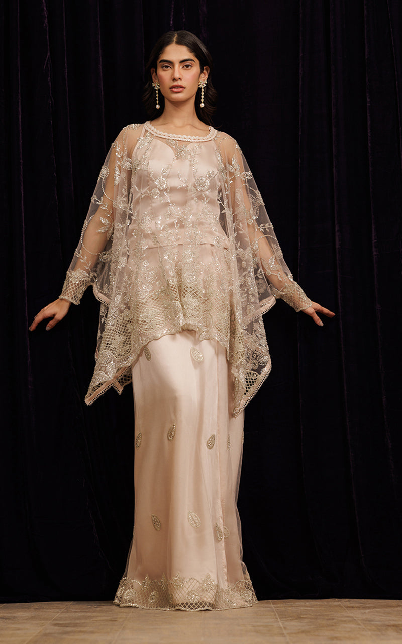 Threads and Motifs | Formal Dresses 25 | Net Embroidered Cape With Tube And Skirt - by Libasekhas UK - Registered Vendor of : Threads and Motifs - 100% Original Designer Dress