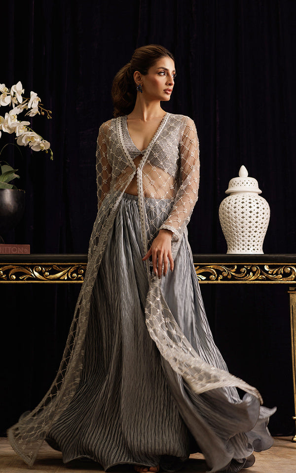 Threads and Motifs | Formal Dresses 25 | Net Embroidered Jacket with Tube and Skirt - by Libasekhas UK - Registered Vendor of : Threads and Motifs - 100% Original Designer Dress