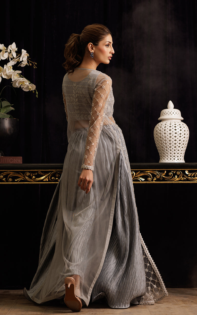 Threads and Motifs | Formal Dresses 25 | Net Embroidered Jacket with Tube and Skirt - by Libasekhas UK - Registered Vendor of : Threads and Motifs - 100% Original Designer Dress