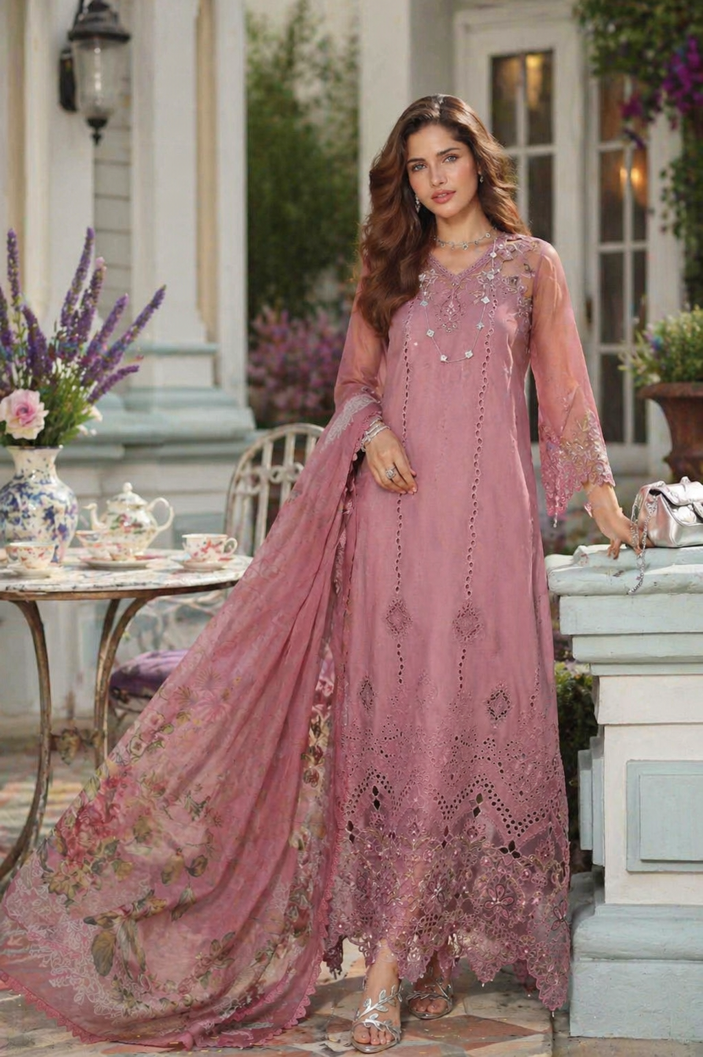 Noor by Saadia Asad | Eid Luxe Chikankari 26 | D8 - Rosewood Blush - by Libasekhas UK - Registered Vendor of : Noor by Saadia Asad - 100% Original Designer Dress