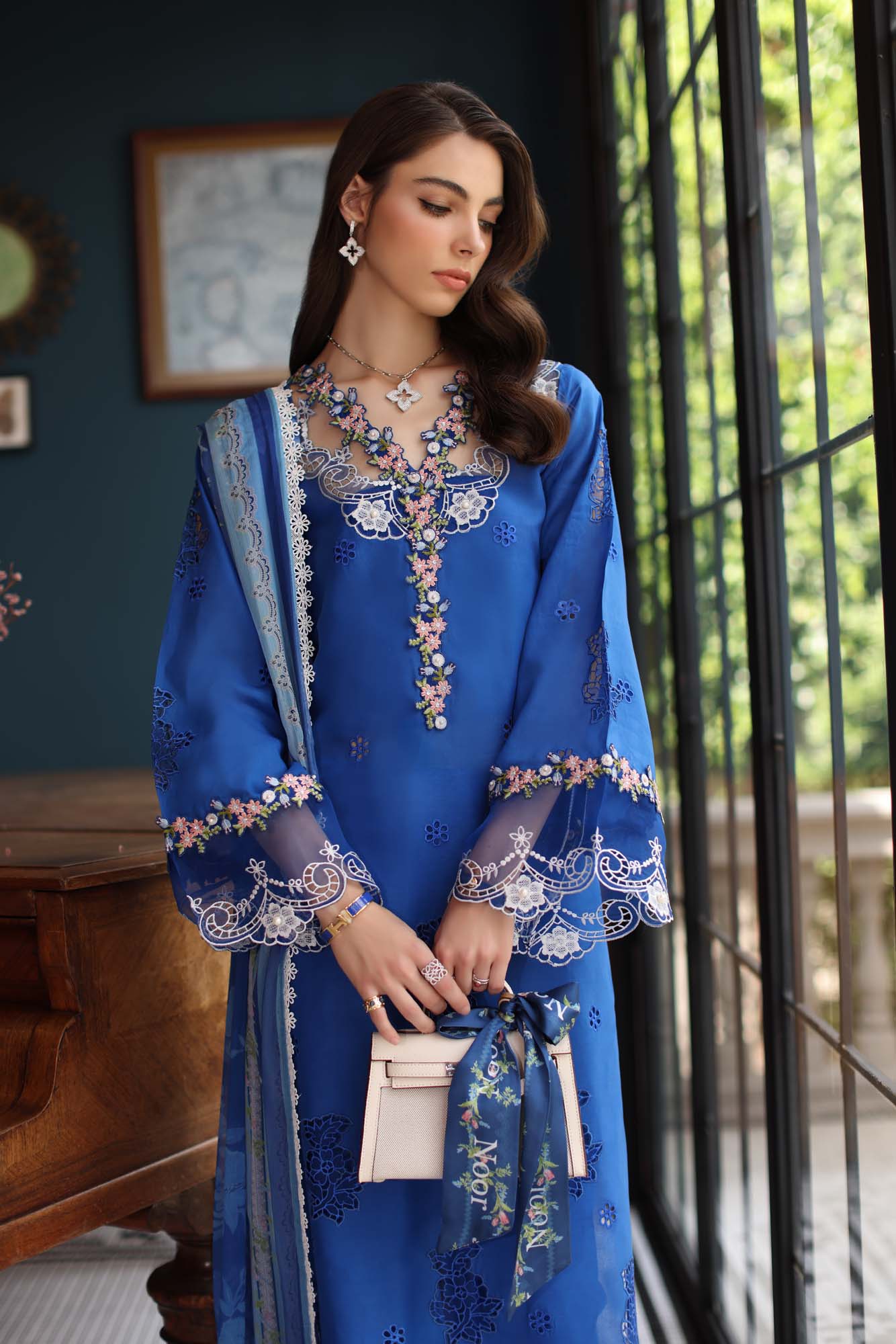 Noor by Saadia Asad | Eid Luxury Schiffli Laserkari 25 | D4- Ink Blue - by - Libasekhas UK - Registered Vendor of : Noor by Saadia Asad - 100% Original Designer Dresss