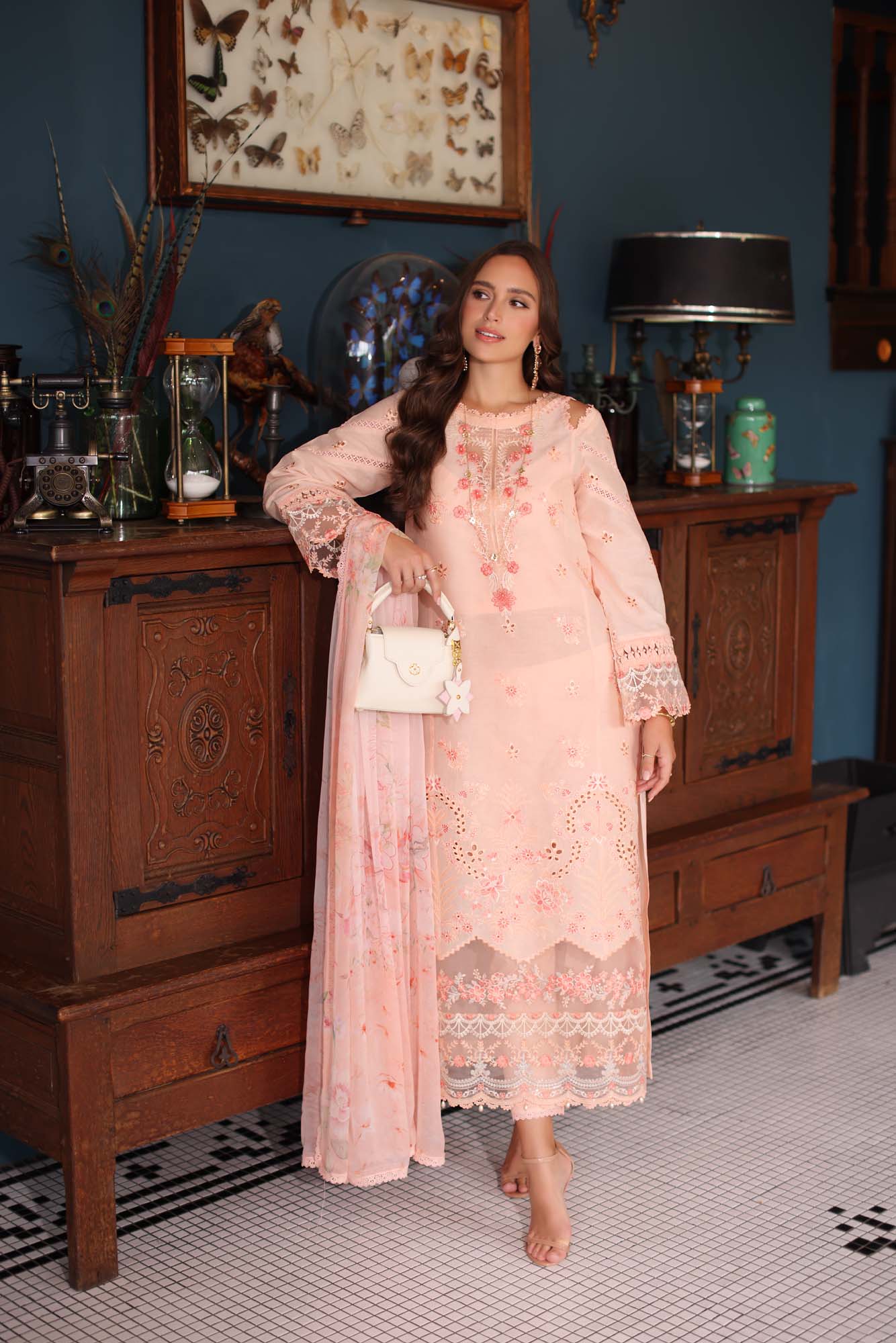 Noor by Saadia Asad | Eid Luxury Schiffli Laserkari 25 | D6- Peach - by - Libasekhas UK - Registered Vendor of : Noor by Saadia Asad - 100% Original Designer Dresss