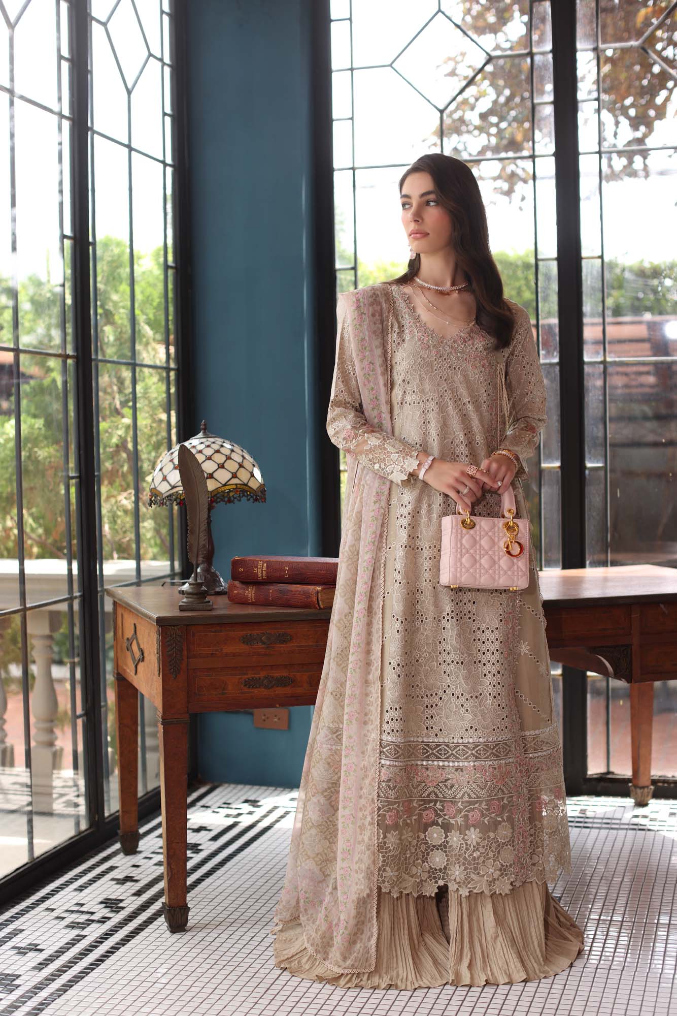 Noor by Saadia Asad | Eid Luxury Schiffli Laserkari 25 | D1- Beige - by - Libasekhas UK - Registered Vendor of : Noor by Saadia Asad - 100% Original Designer Dresss
